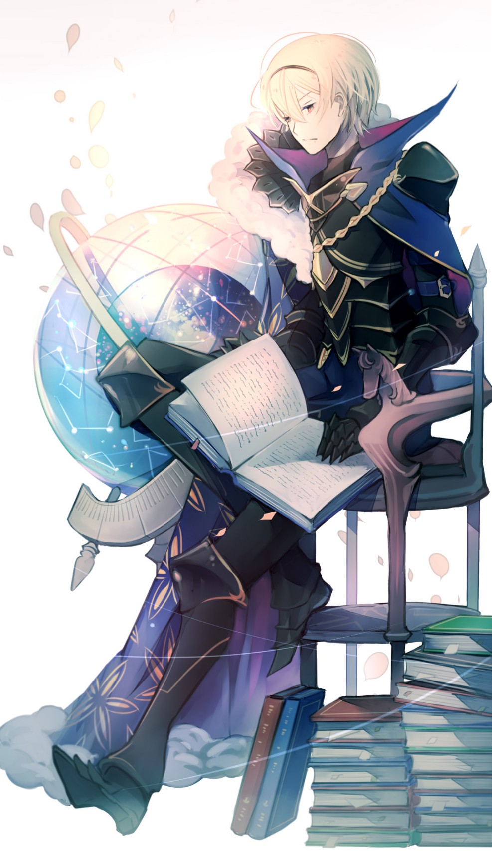 1boy armor blonde_hair book cape fire_emblem fire_emblem_if gauntlets greaves highres holding holding_book kariya_(mizore) leon_(fire_emblem_if) sitting solo