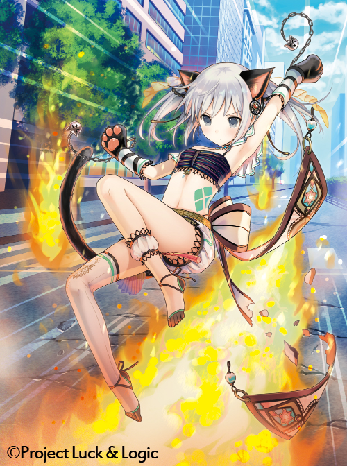 1girl animal_ears arm_up bandeau bangs blue_sky blush building cat_ears cat_girl cat_tail chains closed_mouth clouds cloudy_sky day eyebrows_visible_through_hair fire gloves grey_eyes hina_logi_-_from_luck_&amp;_logic midriff navel nina_alexandrovna no_shoes official_art outdoors paw_gloves paws short_shorts shorts silver_hair single_thighhigh sky skyscraper solo spike_ball tail thigh-highs tree twintails v-shaped_eyebrows white_legwear white_shorts yuuki_rika