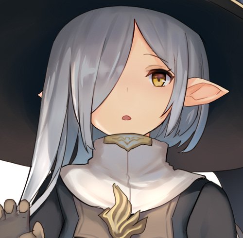 1girl bangs big_hat black_cape black_hat brown_eyes cape commentary_request fingerless_gloves gloves grey_hair hand_up hat keemu_(occhoko-cho) long_hair looking_at_viewer lowres multicolored_shirt original pointy_ears simple_background solo
