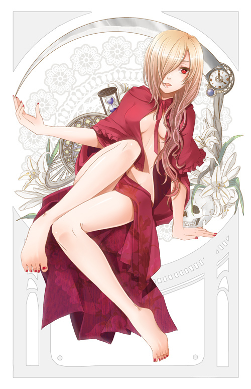 1girl alte_rose barefoot blonde_hair breasts cloak commentary_request earrings full_body hair_over_one_eye iwashiro_byou jewelry long_hair looking_at_viewer marchen nail_polish red_eyes red_nails sideboob solo sound_horizon