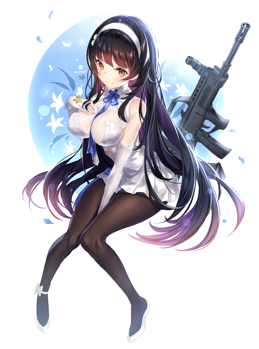 1girl artist_name assault_rifle bangs between_legs black_hair black_legwear blush brown_eyes bullpup closed_mouth commentary_request elbow_gloves eyebrows_visible_through_hair fingerless_gloves full_body girls_frontline gloves gun hairband hand_between_legs highres knees_together_feet_apart long_hair looking_at_viewer narae object_namesake pantyhose pleated_skirt qbz-95 qbz-95_(girls_frontline) rifle shirt shoes sidelocks sitting skirt sleeveless sleeveless_shirt smile solo very_long_hair weapon white_footwear white_hairband white_shirt white_skirt