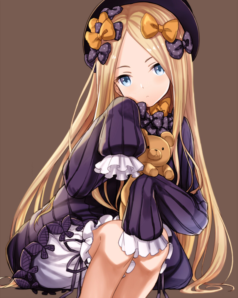 1girl abigail_williams_(fate/grand_order) bangs black_bow black_dress black_hat blonde_hair bloomers blue_eyes bow brown_background butterfly closed_mouth commentary_request dress fate/grand_order fate_(series) forehead hair_bow hat head_tilt long_hair long_sleeves looking_at_viewer nekogohan object_hug orange_bow parted_bangs polka_dot polka_dot_bow simple_background sitting sleeves_past_fingers sleeves_past_wrists solo stuffed_animal stuffed_toy teddy_bear underwear very_long_hair white_bloomers