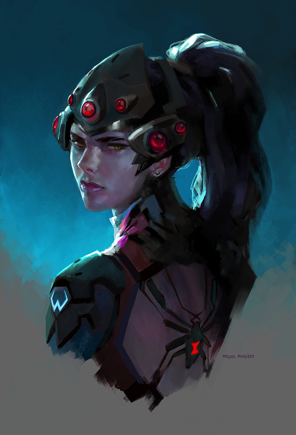 1girl back_tattoo bodysuit head_mounted_display high_ponytail highres lipstick looking_at_viewer makeup miguel_mercado overwatch pink_bodysuit purple_lips purple_lipstick purple_skin serious solo spider_tattoo tattoo widowmaker_(overwatch) yellow_eyes