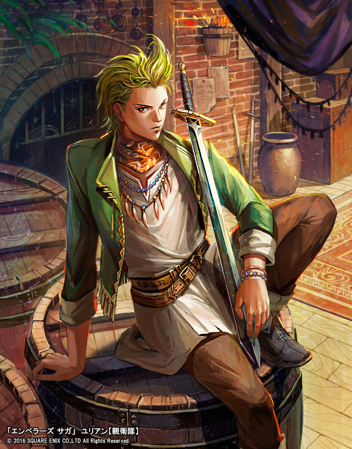 1boy barrel bead_bracelet beads belt blonde_hair bracelet brown_pants emperors_saga green_jacket inside jacket jewelry looking_at_viewer necklace nimame. official_art pants red_eyes rug sitting solo spiky_hair sword vase weapon wooden_floor