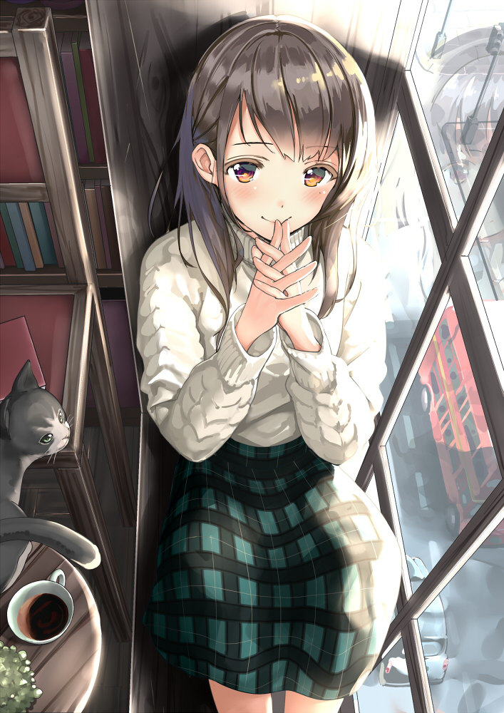 1girl animal bangs black_cat black_hair blush book brown_eyes bus car cat chair closed_mouth coffee_mug colored_eyelashes commentary_request eyebrows_visible_through_hair green_skirt ground_vehicle indoors interlocked_fingers kinugasa_yuuichi long_hair long_sleeves mole mole_under_eye motor_vehicle original plaid plaid_skirt reflection road sitting skirt smile solo sweater traffic_light white_sweater window