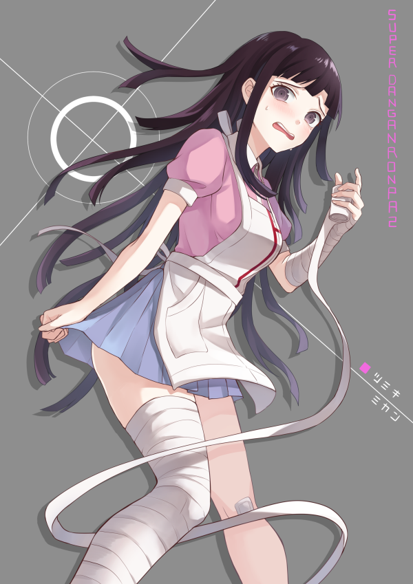 1girl apron bandage bandaged_arm bandaged_leg bandaid bandaid_on_knee bangs bekkourico blunt_bangs blush brown_eyes brown_hair dangan_ronpa long_hair mole mole_under_eye puffy_short_sleeves puffy_sleeves shirt short_sleeves skirt solo super_dangan_ronpa_2 tsumiki_mikan