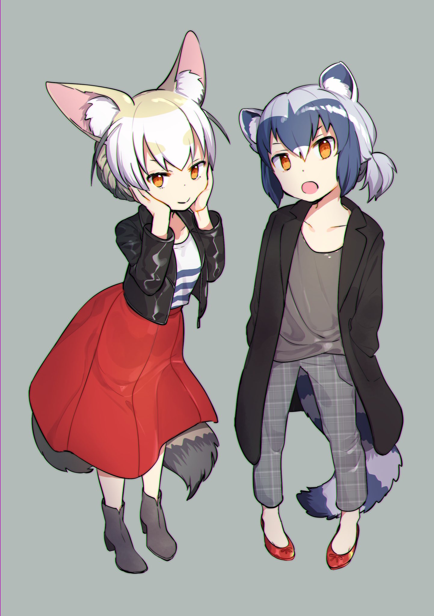 alternate_costume alternate_hairstyle capri_pants chromatic_aberration common_raccoon_(kemono_friends) fennec_(kemono_friends) hands_on_own_face head_tilt high_heels highres jacket kemono_friends leather leather_jacket long_coat multicolored_hair omucchan_(omutyuan) open_mouth pants skirt tail