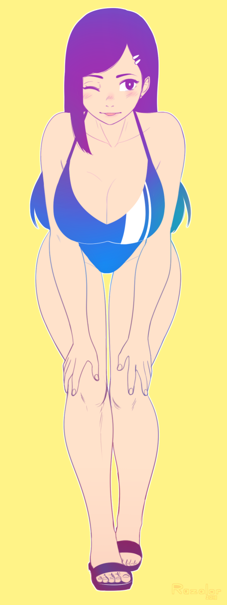 1girl ;p bangs blush breasts cleavage collarbone competition_swimsuit facing_viewer flat_color full_body hair_ornament hairclip hands_on_own_knees large_breasts leaning_forward long_hair one-piece_swimsuit one_eye_closed original razalor sandals solo swept_bangs swimsuit thigh_gap toes tongue tongue_out yellow_background