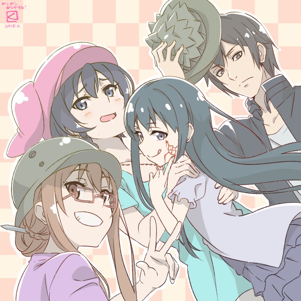 1boy 3girls :p asougi_goushi glasses hat helmet kanzaki_elsa kohiruimaki_karen kueru_(yuuki_tamerawanai) long_hair multiple_girls shinohara_miyu sword_art_online sword_art_online_alternative:_gun_gale_online tongue tongue_out