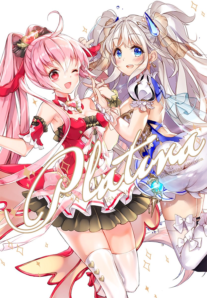 2girls :d ;d artist_name bangs bare_shoulders beige_gloves black_bow black_skirt blue_dress blue_eyes blush bow commentary_request dress dutch_angle eyebrows_visible_through_hair fingernails gem hair_between_eyes hair_ornament hand_holding heart_hair_ornament high_ponytail highres hoshii_hisa interlocked_fingers long_hair magical_girl multiple_girls one_eye_closed open_mouth original pink_hair pleated_skirt ponytail puffy_short_sleeves puffy_sleeves red_dress red_eyes short_sleeves silver_hair skirt smile strapless strapless_dress thigh-highs two_side_up upper_teeth very_long_hair white_background white_bow white_legwear wrist_cuffs