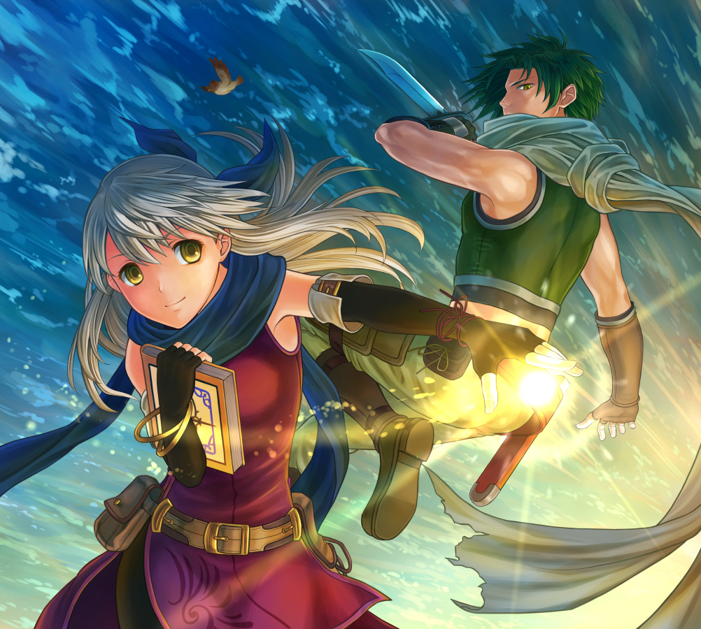 1boy 1girl bangle bare_shoulders bird black_gloves blue_scarf book book_hug bracelet dagger dress elbow_gloves fingerless_gloves fire_emblem fire_emblem:_akatsuki_no_megami gloves green_hair hair_ribbon half_updo holding holding_book jewelry long_hair looking_back micaiah pantyhose ribbon scarf side_slit silver_hair sleeveless sleeveless_dress smile sothe soyo2106 weapon yellow_eyes yune