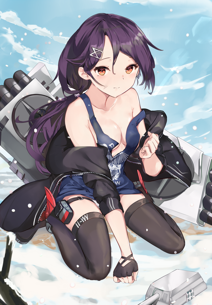 1girl azur_lane black_legwear breasts cassin_(azur_lane) cleavage fingerless_gloves gloves hair_ornament hairclip highres jacket long_hair looking_at_viewer low_ponytail machinery medium_breasts mosta_(lo1777789) off_shoulder purple_hair red_eyes shirt single_glove sitting snow snowing solo thigh-highs torn_clothes torn_shirt torpedo_tubes turret wariza