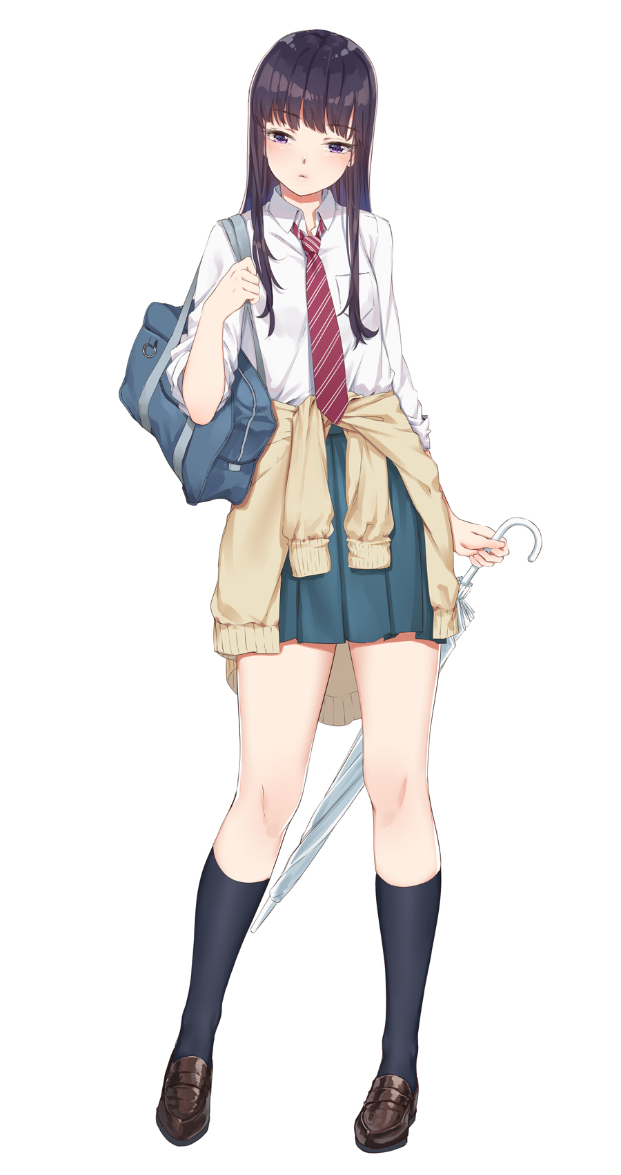 1girl bag black_hair closed_mouth clothes_around_waist fangxiang_cuoluan full_body highres kneehighs koi_wa_ameagari_no_you_ni loafers long_hair looking_at_viewer necktie school_bag school_uniform shoes simple_background solo standing sweater sweater_around_waist tachibana_akira violet_eyes