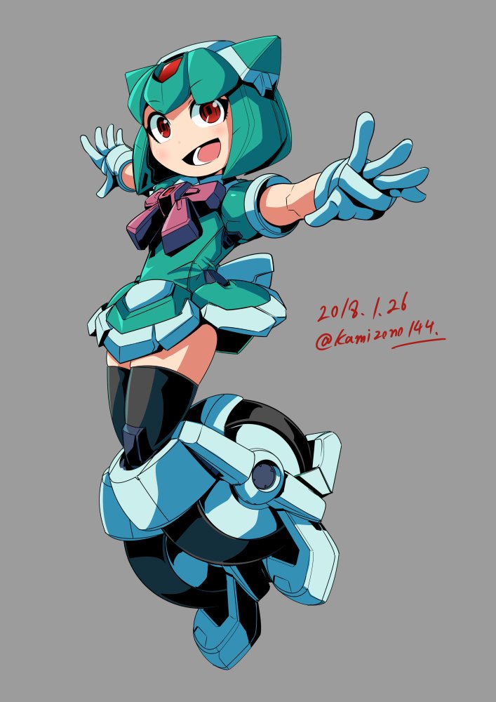 1girl android artist_name dated full_body green_hair grey_background humanoid_robot kamizono_(spookyhouse) little_helper_(tflh) looking_at_viewer no_humans open_mouth original personification red_eyes robot short_hair simple_background skirt smile solo transformers twitter_username uniform wheel