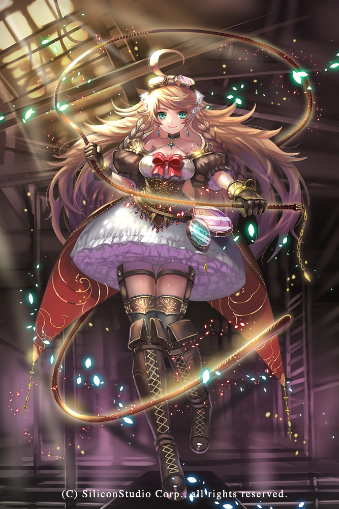 1girl ahoge bare_shoulders blonde_hair boots bow bowtie braid breasts cleavage company_name earrings fantasy gloves goggles goggles_on_head green_eyes gyakushuu_no_fantasica jewelry long_hair miyano_akihiro official_art solo sparkle thigh-highs whip