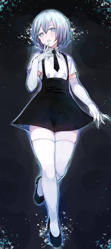 :d androgynous black_footwear black_neckwear black_skirt blue_eyes blush c.cu character_request collared_shirt elbow_gloves full_body gloves gradient_hair grey_hair hand_on_own_face head_tilt houseki_no_kuni leg_up looking_at_viewer multicolored_hair necktie open_mouth shirt shoes short_hair short_sleeves silver_hair skirt skirt_hold smile solo sparkle standing standing_on_one_leg suspender_skirt suspenders thigh-highs triangle white_gloves white_legwear white_shirt zettai_ryouiki