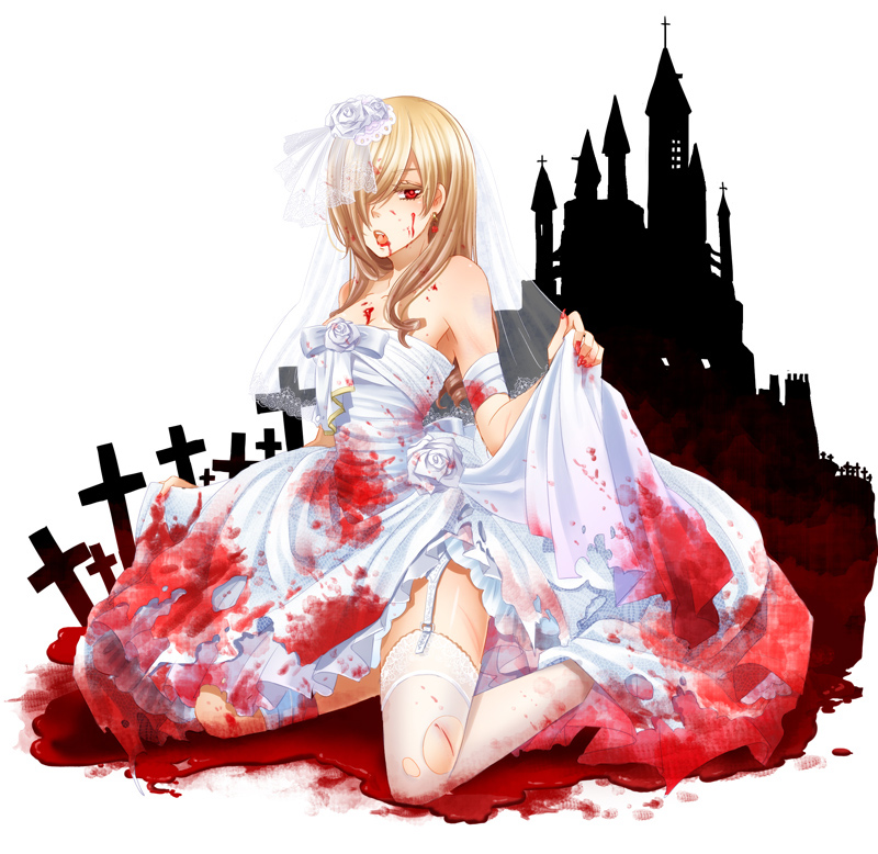 1girl alte_rose alternate_costume bandage blonde_hair blood blood_on_face blood_stain bloody_clothes bloody_dress commentary_request dress earrings flower full_body garter_straps hair_over_one_eye halloween iwashiro_byou jewelry long_hair looking_at_viewer marchen nail_polish red_eyes red_nails rose solo sound_horizon thigh-highs torn_clothes white_dress white_flower white_rose