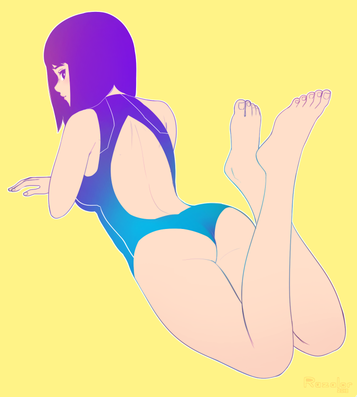 1girl ass back_cutout barefoot breasts competition_swimsuit feet feet_up flat_color from_behind full_body legs_up looking_at_viewer looking_back lying medium_hair on_stomach one-piece_swimsuit original razalor solo swimsuit the_pose toes yellow_background