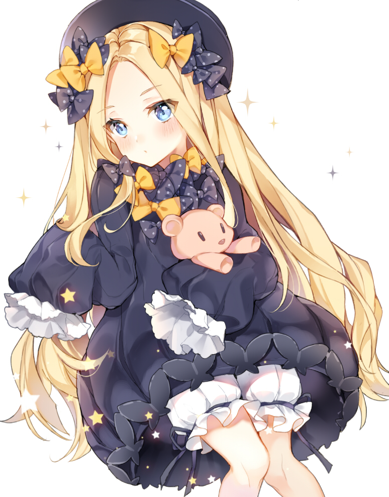 1girl abigail_williams_(fate/grand_order) bangs black_bow black_dress black_hat blonde_hair bloomers blue_eyes blush bow butterfly closed_mouth dress eyebrows_visible_through_hair fate/grand_order fate_(series) forehead hair_bow hat long_hair long_sleeves looking_at_viewer lying object_hug on_back orange_bow parted_bangs pingo polka_dot polka_dot_bow simple_background sleeves_past_fingers sleeves_past_wrists solo sparkle stuffed_animal stuffed_toy teddy_bear underwear very_long_hair white_background white_bloomers
