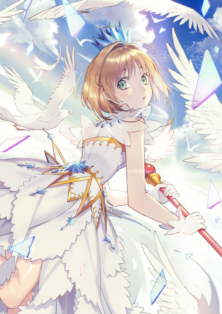 1girl above_clouds antenna_hair bangs blue_sky card_captor_sakura clouds crown dress ecoliff eyebrows_visible_through_hair feet_out_of_frame flying from_behind gem gloves green_eyes hair_intakes holding holding_wand kinomoto_sakura light_brown_hair looking_at_viewer looking_back magical_girl parted_lips short_hair sky sleeveless sleeveless_dress solo sun sunlight wand white_dress white_gloves wings yume_no_tsue