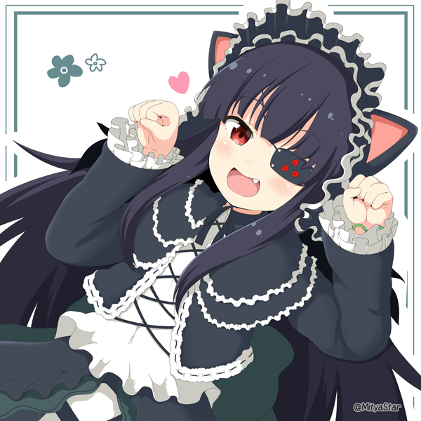 1girl :d animal_ears black_hair blush border cat_ears clenched_hands commentary_request eyebrows_visible_through_hair eyepatch fang gothic_lolita hairband heart lolita_fashion lolita_hairband long_hair long_sleeves looking_at_viewer miicha mirai_(senran_kagura) open_mouth outside_border paw_pose red_eyes senran_kagura senran_kagura_(series) smile solo twitter_username very_long_hair white_background