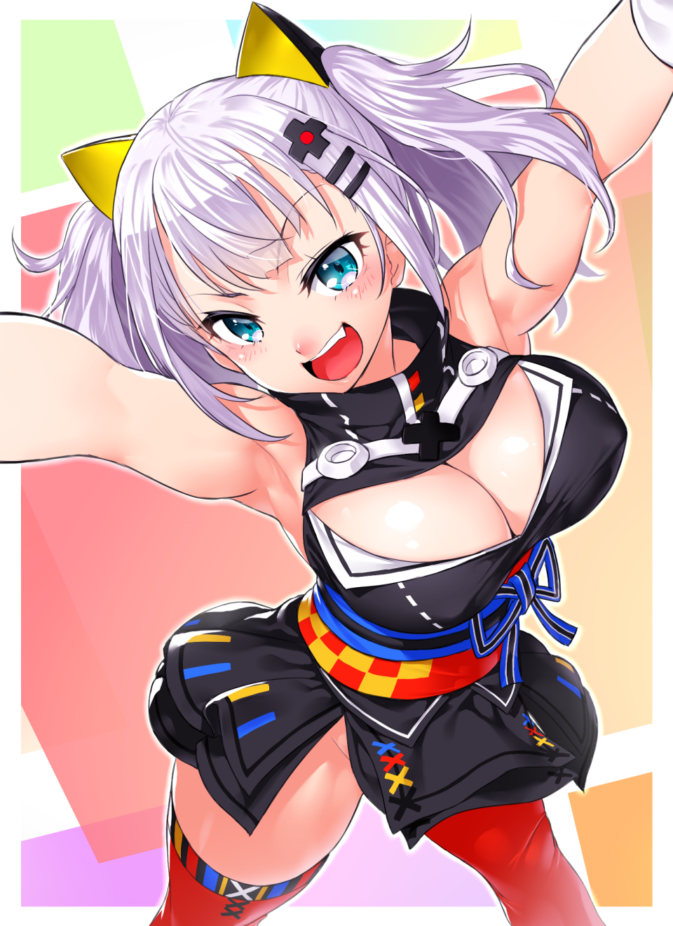 &gt;:d 1girl armpits arms_up blue_eyes blush breasts cleavage cleavage_cutout dress eyelashes fang groin hair_ornament half-closed_eyes highres kaguya_luna kaguya_luna_(character) large_breasts looking_at_viewer obi onsoku_maru open_mouth sash silver_hair skirt smile standing teeth thigh-highs twintails
