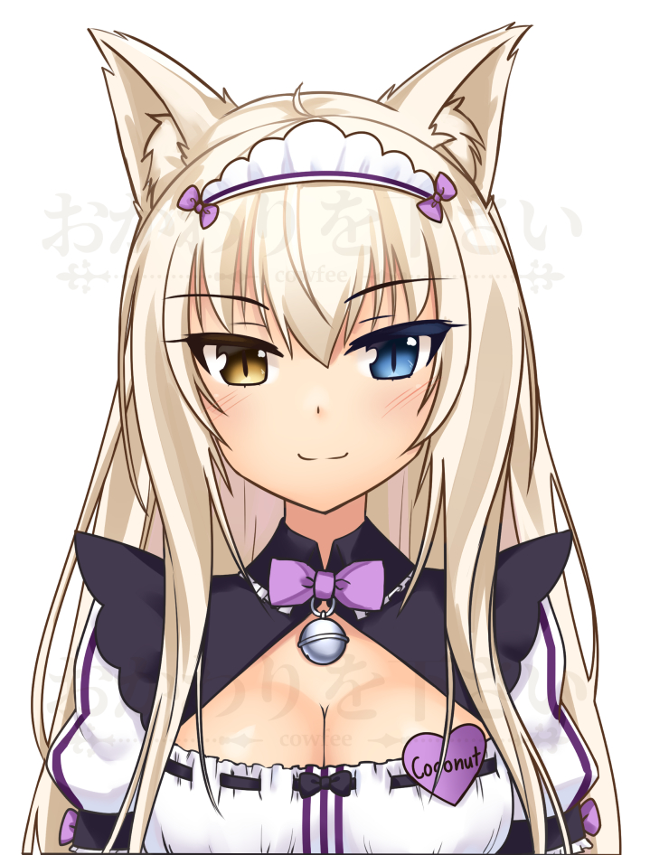 1girl animal_ears bell blonde_hair blue_eyes bow bowtie breasts cat_ears character_name cleavage cleavage_cutout coconut_(sayori) commentary eyebrows_visible_through_hair eyes_visible_through_hair heterochromia jingle_bell kaafi long_hair looking_at_viewer maid maid_headdress name_tag nekopara puffy_short_sleeves puffy_sleeves purple_neckwear ribbon-trimmed_clothes ribbon_trim short_sleeves simple_background slit_pupils smile solo watermark white_background yellow_eyes