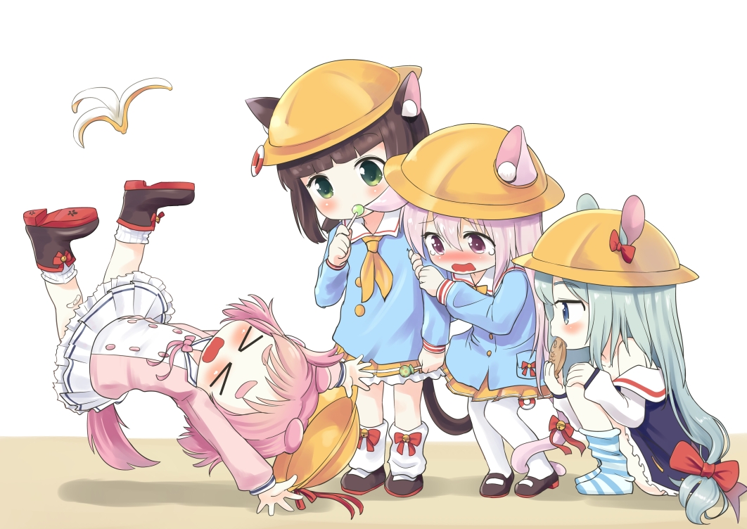 &gt;_&lt; 4girls ahenn animal_ears arm_hug arms_up azur_lane banana_peel bandaid bandaid_on_knee bangs bare_shoulders bell blue_shirt blunt_bangs blush boots bow bowtie brown_footwear brown_hair candy cat_ears cat_girl cat_tail collarbone commentary_request dog_ears dog_girl dog_tail ears_through_headwear eating eyebrows_visible_through_hair food green_eyes green_hair hair_between_eyes hair_bow hand_on_own_knee hat hat_removed hat_ribbon headwear_removed holding holding_food holding_lollipop jingle_bell kindergarten_uniform kisaragi_(azur_lane) kneehighs lifebuoy lollipop long_hair looking_at_another loose_socks mary_janes mikazuki_(azur_lane) multiple_girls mutsuki_(azur_lane) neckerchief no_shoes nose_blush off_shoulder open_mouth outstretched_arms pantyhose pink_hair pink_neckwear pink_shirt pleated_skirt pocket profile red_bow red_ribbon ribbon school_hat shirt shoes short_hair skirt slipping socks squatting striped striped_legwear tail tail_bell tail_bow taiyaki uzuki_(azur_lane) very_long_hair violet_eyes wagashi wavy_mouth white_background white_legwear white_skirt yellow_hat yellow_neckwear yellow_skirt