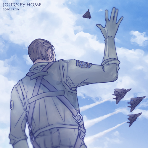 1boy a-chako ace_combat ace_combat_5 aircraft airplane alvin_h_davenport belt blue_sky brown_hair clouds cloudy_sky f-14_tomcat facial_hair fighter_jet gloves jet long_sleeves lowres military military_uniform military_vehicle pilot pilot_suit sky uniform waving waving_arm