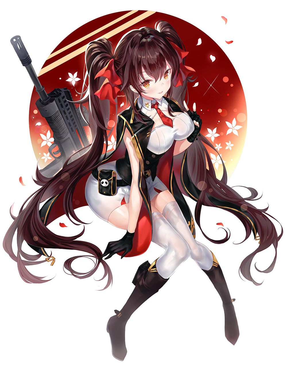 1girl assault_rifle black_gloves boots breasts brown_hair capelet commentary_request girls_frontline gloves gun hair_ribbon highres knee_boots large_breasts long_hair narae necktie qbz-97 qbz-97_(girls_frontline) ribbon rifle simple_background sitting skirt smile thigh-highs twintails v very_long_hair weapon white_legwear