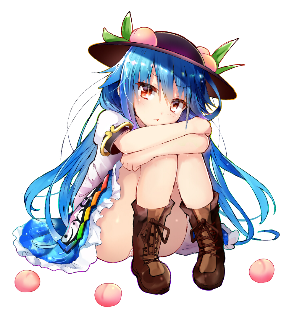 1girl :t bangs bare_legs black_hat blue_hair blue_skirt boots brown_footwear commentary_request efe eyebrows_visible_through_hair food fruit hat hinanawi_tenshi knees_together_feet_apart knees_up long_hair looking_at_viewer miniskirt panties pantyshot pantyshot_(sitting) peach pink_panties pout puffy_short_sleeves puffy_sleeves red_eyes shirt short_sleeves simple_background sitting skirt solo touhou underwear very_long_hair white_background white_shirt