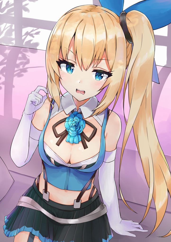 1girl bangs bare_shoulders black_ribbon black_skirt blonde_hair blue_bow blue_eyes blue_flower blue_rose blush bow breasts cleavage collared_shirt commentary_request couch crop_top dutch_angle elbow_gloves eyebrows_visible_through_hair flower gloves hair_between_eyes hair_bow hand_up long_hair looking_at_viewer medium_breasts midriff mirai_akari mirai_akari_project navel neck_ribbon on_couch parted_lips pleated_skirt racchi. ribbon rose shirt side_ponytail sidelocks sitting skirt solo suspender_skirt suspenders v-shaped_eyebrows very_long_hair white_gloves white_shirt