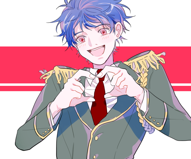 1boy blue_hair epaulettes gyu0099 ichijou_shin king_of_prism_by_prettyrhythm looking_at_viewer pretty_rhythm red_eyes red_necktie short_hair smile