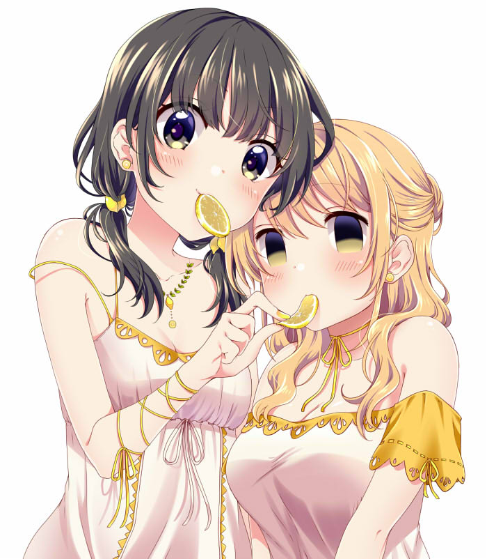 1girl bangs black_eyes blank_eyes blonde_hair blush breasts cleavage closed_mouth collarbone dress earrings expressionless feeding food food_themed_hair_ornament fruit green_eyes hair_ornament holding holding_food jewelry lemon lemon_slice long_hair looking_at_viewer low_twintails medium_breasts mouth_hold multicolored multicolored_eyes nail_polish neck_ribbon necklace off-shoulder_dress off_shoulder original pendant ribbon ribbon-trimmed_sleeves ribbon_trim shiny shiny_hair short_sleeves simple_background sleeveless sleeveless_dress small_breasts smile solo strap_slip stud_earrings sundress swept_bangs tareme tottoto_tomekichi twintails upper_body white_background white_dress yellow_nails yellow_neckwear yellow_ribbon yuri