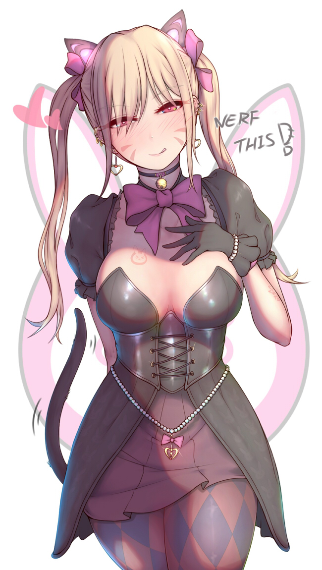 1girl :q alternate_costume argyle argyle_legwear arm_behind_back bangs beads bell bell_choker black_cat_d.va black_dress black_gloves blonde_hair blush bow bowtie breast_tattoo breasts cat_tail choker collarbone commentary_request corset cowboy_shot d.va_(overwatch) dress ear_piercing earrings english eyebrows_visible_through_hair facial_mark glint gloves hair_between_eyes hair_ribbon half-closed_eyes hand_on_own_chest hand_up head_tilt heart heart_earrings jewelry jingle_bell large_breasts legs_together long_hair looking_at_viewer motion_lines naughty_face nikuku_(kazedesune) nose_blush overwatch pantyhose piercing pink_bow pink_eyes pink_legwear pink_neckwear pink_ribbon puffy_short_sleeves puffy_sleeves purple_legwear ribbon shade short_dress short_sleeves sidelocks smile solo standing tail tattoo thighs tongue tongue_out twintails whisker_markings white_background