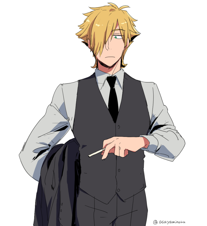 1boy alternate_costume asaya_minoru bangs black_neckwear cigarette closed_mouth collared_shirt cowboy_shot eyebrows_visible_through_hair fate/grand_order fate_(series) green_eyes grey_pants grey_vest hair_over_one_eye holding holding_cigarette jacket jacket_removed light_brown_hair long_sleeves looking_away looking_down male_focus necktie pants robin_hood_(fate) shirt simple_background solo tuxedo twitter_username vest white_background white_shirt