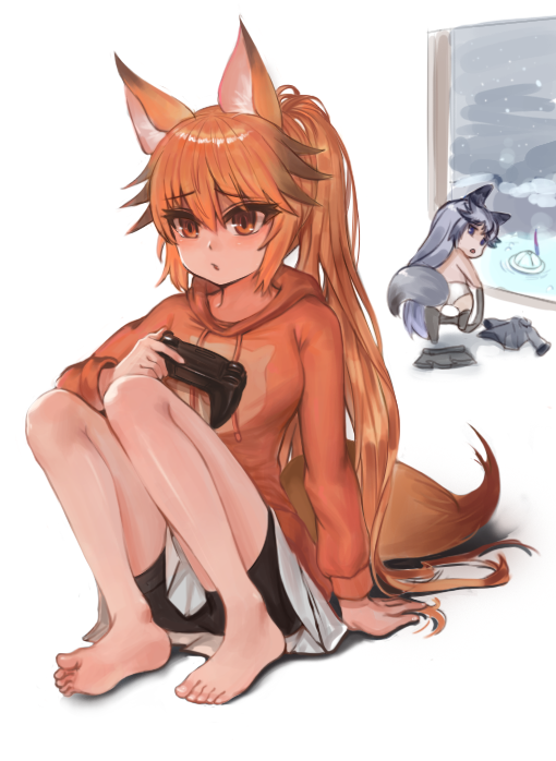 :/ alternate_hairstyle animal_ears barefoot bike_shorts black_hair black_legwear black_shorts black_skirt blonde_hair blush brown_eyes brown_hair bucket_hat chibi controller dokomon ezo_red_fox_(kemono_friends) fox_ears fox_tail game_controller hat hat_feather high_ponytail holding hood hoodie japari_symbol_print kemono_friends long_hair long_sleeves looking_back multicolored_hair onsen panties pantyhose parted_lips pleated_skirt shirt_removed shorts silver_fox_(kemono_friends) silver_hair sitting skirt skirt_removed tail topless underwear undressing very_long_hair water white_background white_panties white_skirt