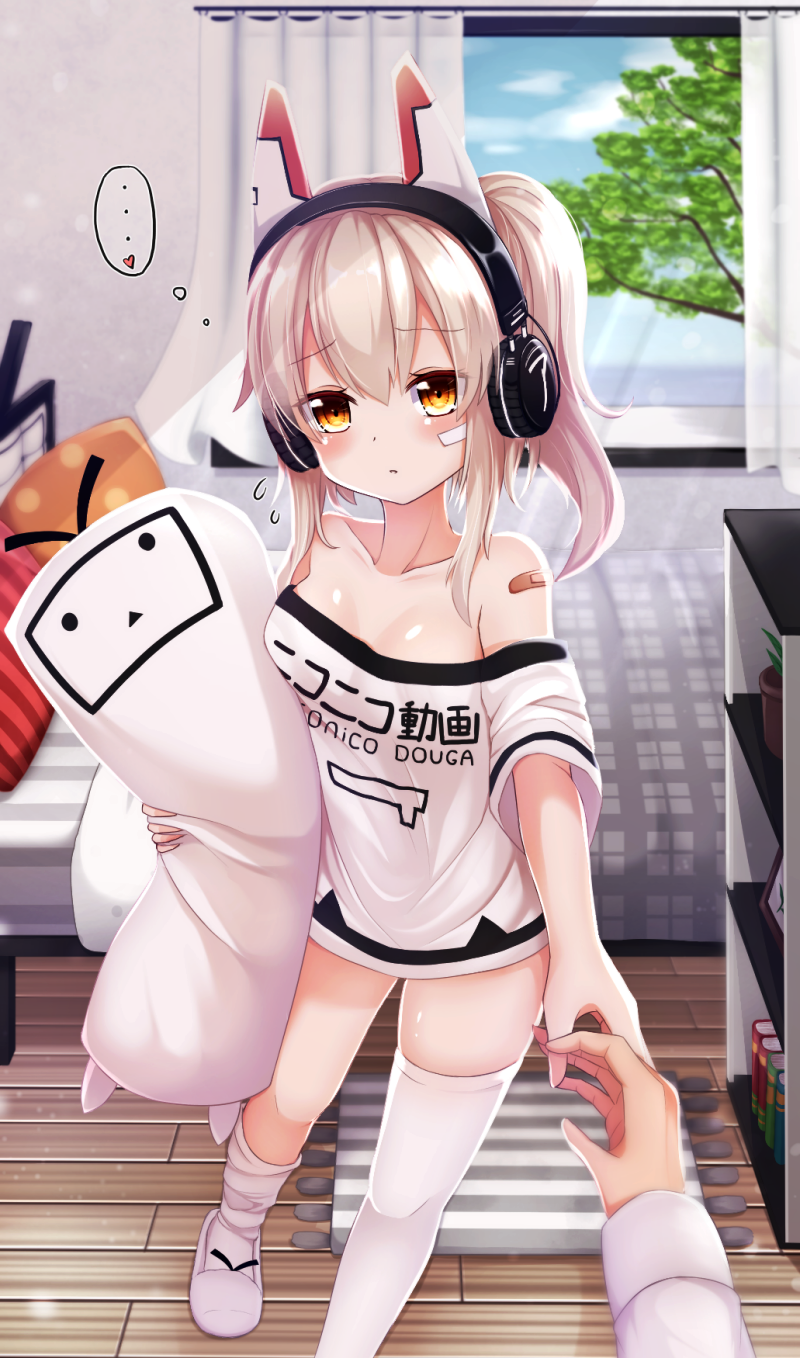 ... 1boy 1girl :&lt; admiral_(azur_lane) ayanami_(azur_lane) azur_lane bandaid bandaid_on_face bare_shoulders bed bedroom blush bookshelf breasts clothes_writing collarbone dakimakura_(object) eyebrows_visible_through_hair hand_holding headphones heart highres long_hair looking_at_viewer medium_breasts no_bra nya_rl oversized_clothes pillow ponytail pov reaching_out robot_ears shirt side_ponytail silver_hair slippers spoken_ellipsis spoken_heart standing t-shirt thigh-highs thighhighs_pull thought_bubble walking white_legwear window yellow_eyes