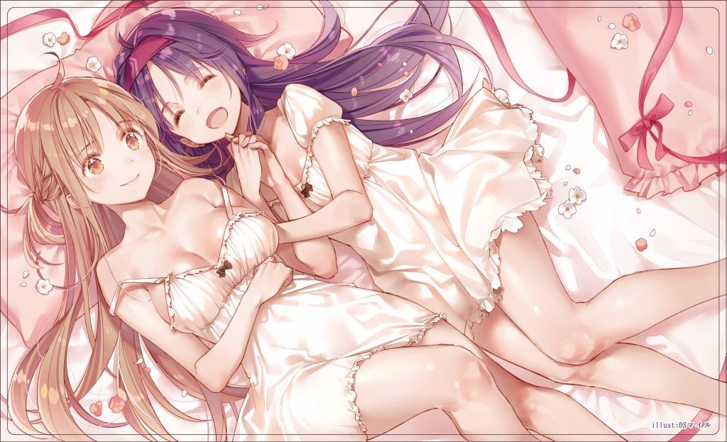 2girls ahoge artist_name asuna_(sao) bed_sheet breasts brown_eyes brown_hair cleavage closed_eyes collarbone dress dsmile eyebrows_visible_through_hair from_above hairband hand_holding interlocked_fingers long_hair lying medium_breasts multiple_girls off_shoulder on_back on_side open_mouth pink_pillow purple_hair purple_hairband shiny shiny_skin short_dress sleeveless sleeveless_dress small_breasts smile sword_art_online very_long_hair white_dress yuuki_(sao)