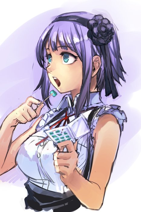 1girl bangs bare_arms bare_shoulders black_skirt blue_eyes breasts candy collared_shirt commentary_request dagashi_kashi eating eyebrows_visible_through_hair flower food from_side hair_flower hair_ornament hairband hankuri holding large_breasts neck_ribbon open_mouth purple_background purple_hair red_neckwear red_ribbon ribbon ringed_eyes shidare_hotaru shirt skirt solo suspender_skirt suspenders toothpick upper_body wing_collar
