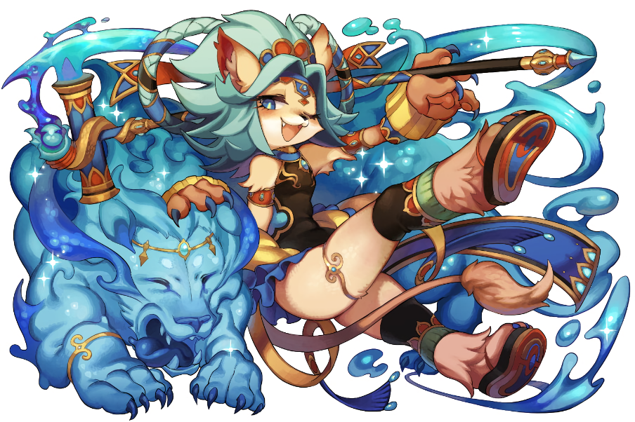 1girl animal_ears armlet blue_eyes blue_hair bright_pupils cat_ears cat_tail claws fang fullbokko_heroes fur furry holding holding_weapon kishibe official_art one_eye_closed open_mouth sandals simple_background solo sparkle tail thigh_strap weapon white_background wrist_cuffs