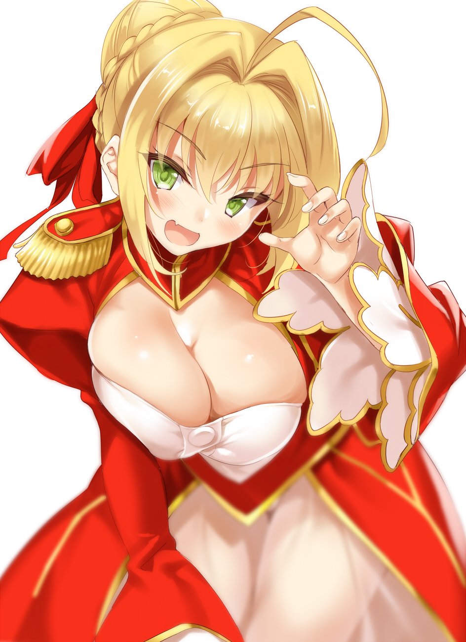 1girl ahoge bent_over blonde_hair blurry braid breasts cleavage commentary_request depth_of_field dress epaulettes eyebrows_visible_through_hair eyes_visible_through_hair fang fate/extra fate_(series) french_braid green_eyes hair_between_eyes hair_intakes hair_ribbon highres kure_masahiro large_breasts legs_together long_sleeves looking_at_viewer nero_claudius_(fate) nero_claudius_(fate)_(all) open_mouth red_dress ribbon saber_extra see-through shiny shiny_hair shiny_skin short_hair simple_background smile solo white_background