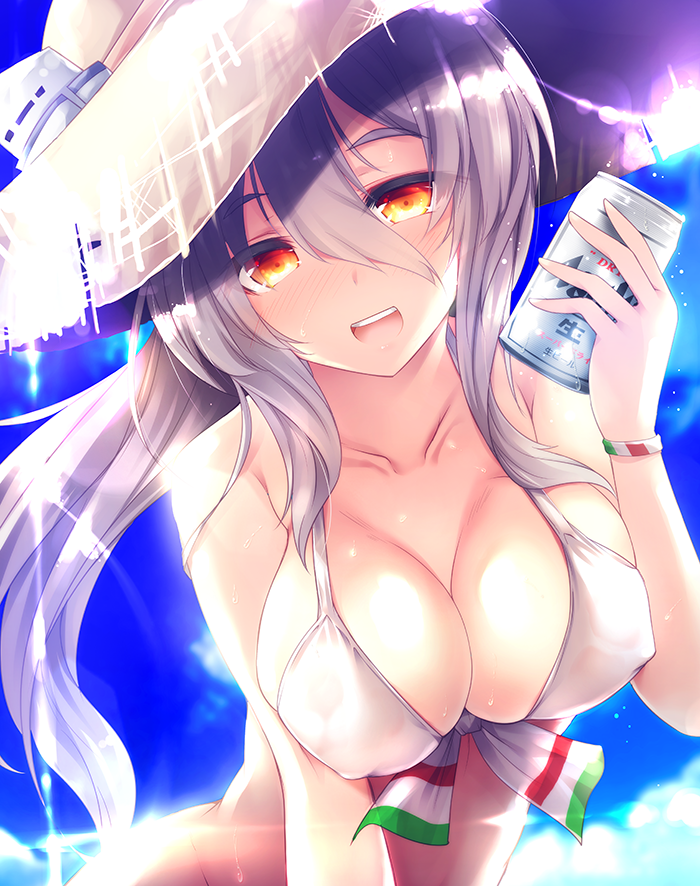 1girl :d ai_takurou alternate_costume beer_can bikini blush breasts brown_eyes can cleavage clouds collarbone day drunk erect_nipples grey_hair hair_between_eyes hat holding holding_can italian_flag kantai_collection large_breasts long_hair looking_at_viewer open_mouth pola_(kantai_collection) round_teeth sky smile solo straw_hat sunlight swimsuit teeth upper_body wavy_hair white_bikini_top wristband