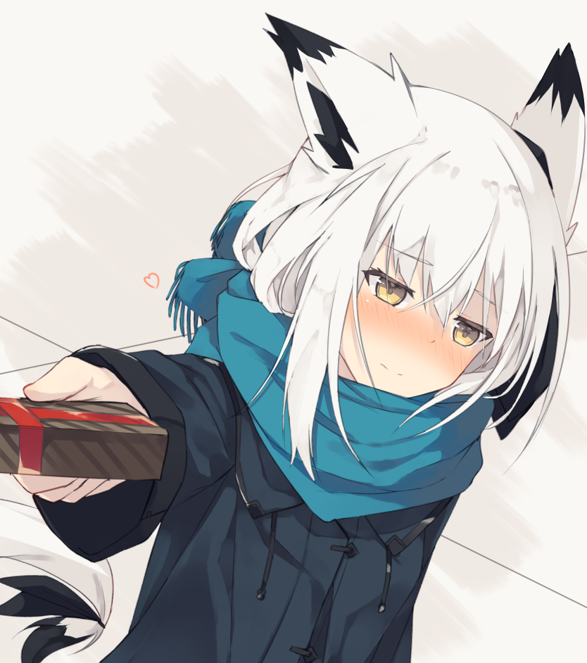 1girl animal_ears bangs blue_scarf blush box closed_mouth coat embarrassed eyebrows_visible_through_hair fox_ears fox_tail gift gift_box hair_between_eyes holding long_hair long_sleeves looking_at_viewer nagishiro_mito original outstretched_arm scarf solo tail upper_body valentine white_hair yellow_eyes