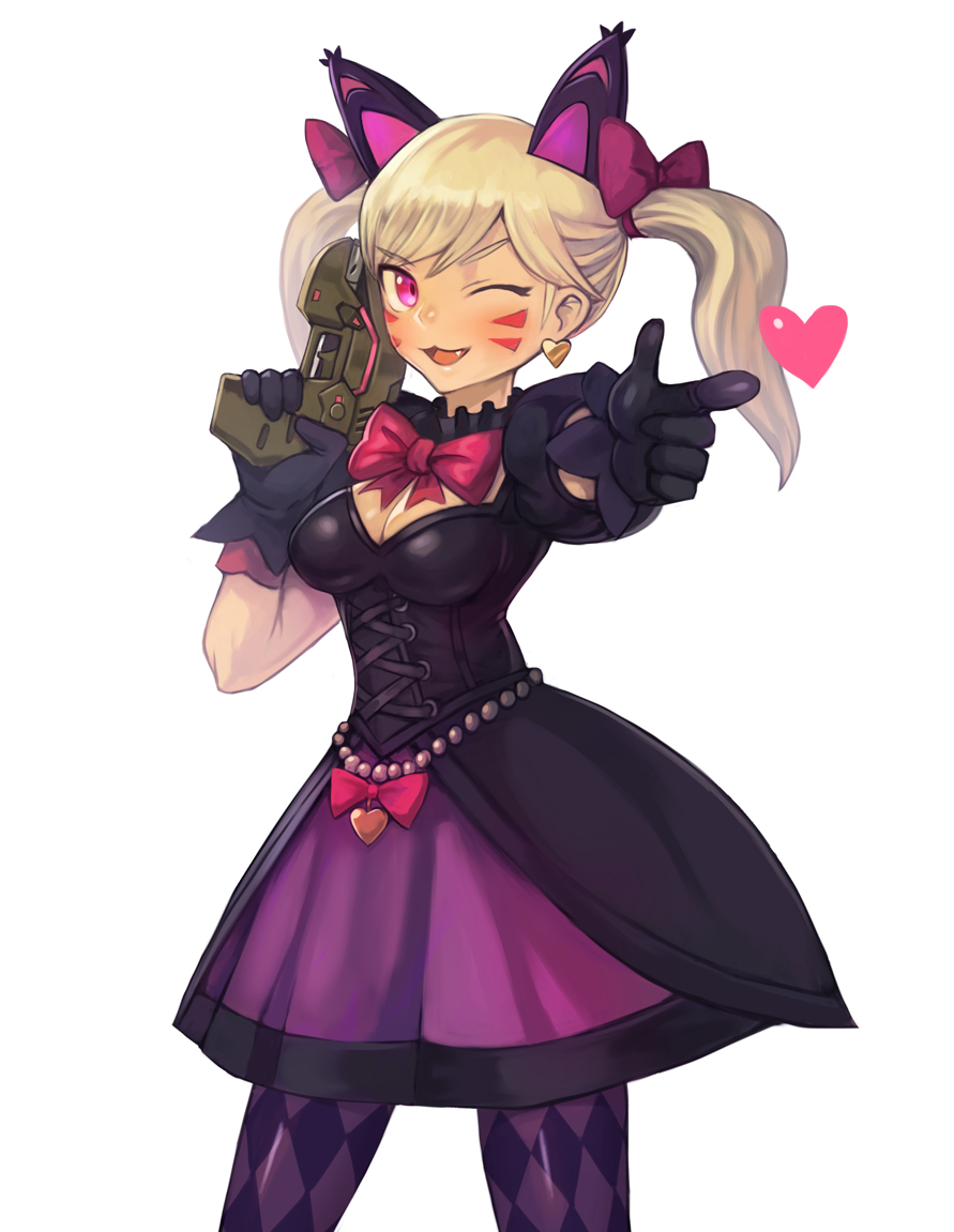 1girl ;3 ;d argyle argyle_legwear black_cat_d.va black_hair blonde_hair bow bowtie commentary cowboy_shot d.va_(overwatch) dress earrings eyebrows_visible_through_hair fang gun hair_bow heart heart_earrings jewelry long_hair one_eye_closed open_mouth overwatch pantyhose pink_eyes pointing pointing_at_viewer puffy_short_sleeves puffy_sleeves short_sleeves simple_background smile solo sookmo twintails weapon whisker_markings white_background