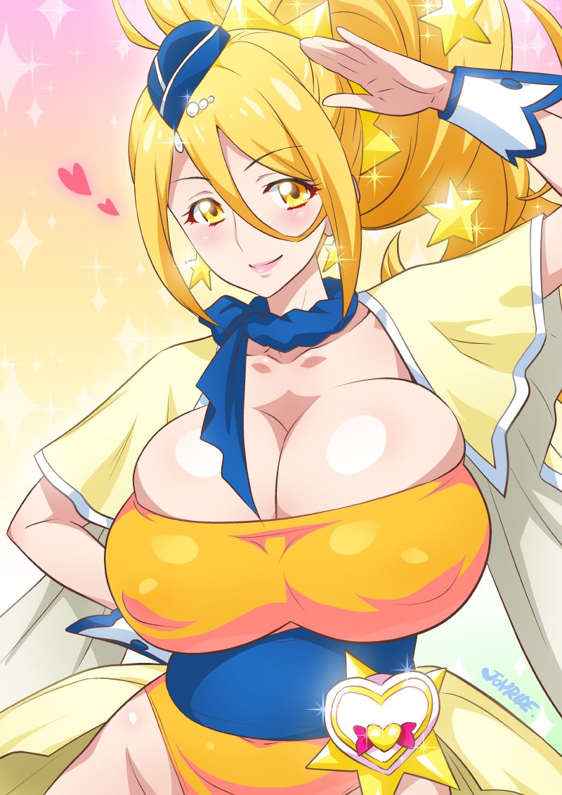 1girl blonde_hair blush breasts cleavage collarbone cowboy_shot cure_etoile dress hat heart huge_breasts hugtto!_precure jewelry joy_ride looking_at_viewer mini_hat precure smile yellow_eyes