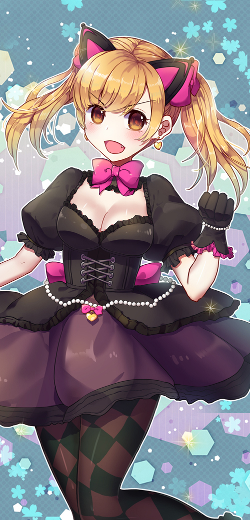 1girl abstract_background alternate_costume alternate_hairstyle animal_ears argyle argyle_legwear bead_bracelet beads black_cat_d.va black_dress black_gloves blonde_hair blue_background bow bowtie bracelet breasts brown_eyes cat_ears cleavage clenched_hand corset cowboy_shot d.va_(overwatch) dress earrings eyebrows_visible_through_hair fake_animal_ears fang frilled_dress frills gloves gothic_lolita hair_bow heart heart_earrings jewelry knees_together_feet_apart lolita_fashion looking_at_viewer medium_breasts open_mouth outline overwatch pantyhose paw_pose pink_bow puffy_short_sleeves puffy_sleeves purple_skirt short_sleeves skirt smile solo sparkle standing standing_on_one_leg tora_(tora_factory) twintails