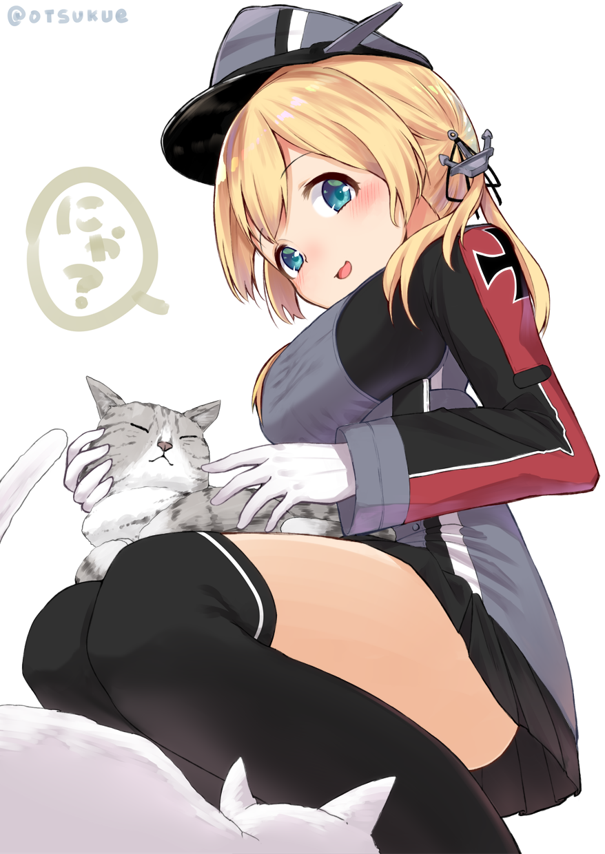 1girl anchor_hair_ornament animal aqua_eyes black_legwear black_skirt blonde_hair blush breasts cat closed_eyes commentary_request dx_(dekusu) eyebrows_visible_through_hair from_below gloves hair_ornament hat highres iron_cross kantai_collection legs_together long_hair looking_at_viewer looking_down medium_breasts military military_uniform open_mouth peaked_cap pleated_skirt prinz_eugen_(kantai_collection) simple_background skirt solo speech_bubble squatting thigh-highs translation_request twintails twitter_username uniform white_background white_gloves