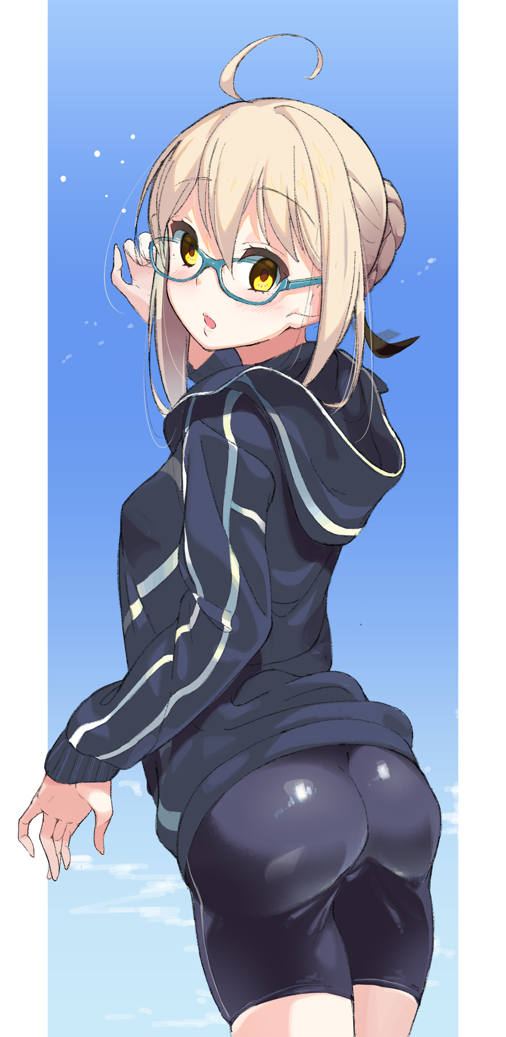 1girl ahoge aqua-framed_eyewear artoria_pendragon_(all) ass bike_shorts black_shorts blonde_hair blue_background blush border braid cowboy_shot eyebrows_visible_through_hair fate/grand_order fate_(series) from_behind glasses hair_between_eyes highres hood hoodie long_sleeves looking_back mysterious_heroine_x_(alter) open_mouth outside_border shorts solo standing suppa_(hagakuresuppa) yellow_eyes