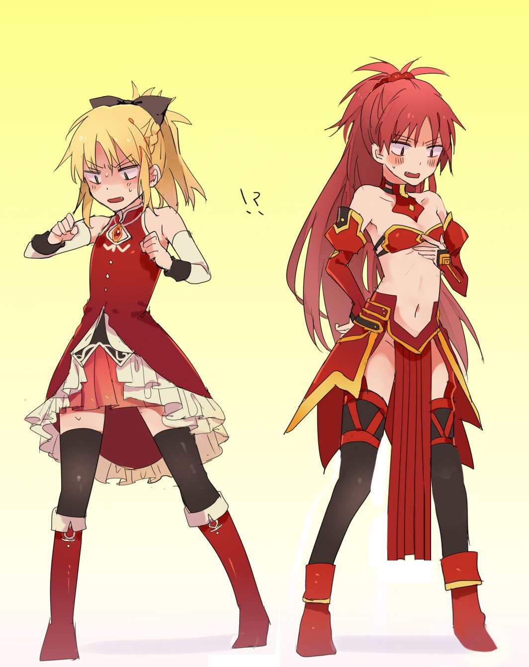 !? 2girls bare_shoulders blonde_hair blush boots choker commentary_request cosplay costume_switch detached_sleeves fang fate/apocrypha fate_(series) highres long_hair mahou_shoujo_madoka_magica miko_(s1748s) miniskirt mordred_(fate)_(all) multiple_girls navel no_panties pelvic_curtain ponytail redhead sakura_kyouko skinny skirt thigh-highs thigh_strap